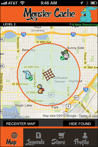 Screenshot of the Monster Cache App Map page